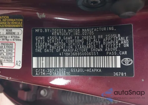 2005 Toyota Avalon Limited z USA, uszkodzony, nr VIN 4T1BK36B95U006551